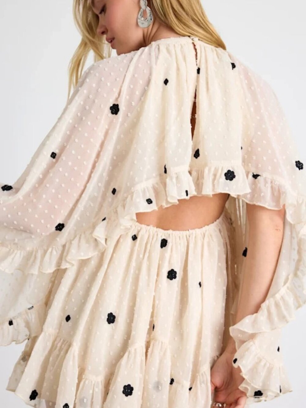 ASOS DESIGN embroidered textured cape dobby mini small black Boho Bell Sleeve - Picture 2 of 9